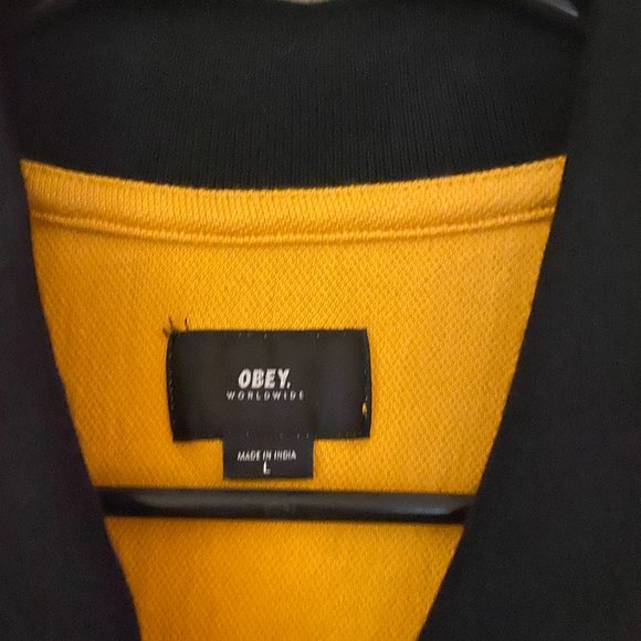 OBEY yellow strip zip up short sleeve size L 22" armpit 32" length - Picture 3 of 3